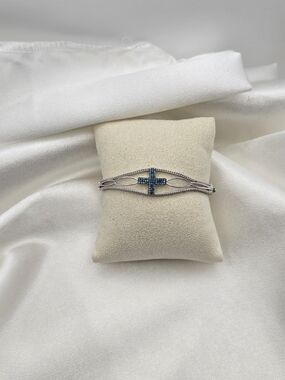 Sterling Silver 925 Natural Blue Diamond Cross Bangle Bracelet